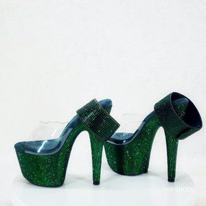 Bejeweled Emerald Green Rhinestone Platform 7" High Heel Shoes With Ankle Cuffs